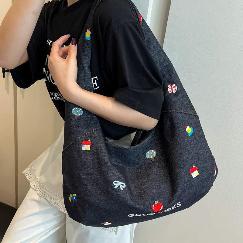 Korean Embroidered Denim Tote Bag Women'S  Sle Large Capaci Commuter Denim Oulder Crossbody Bag Tote Bag