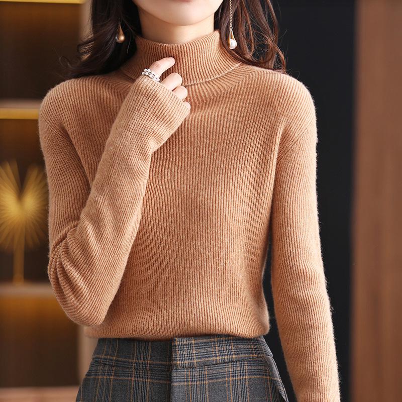 Women's High-Neck Pure Wool Sweater - Autumn/Winter Knitted Style, Stylish Tight-Fit Base Layer