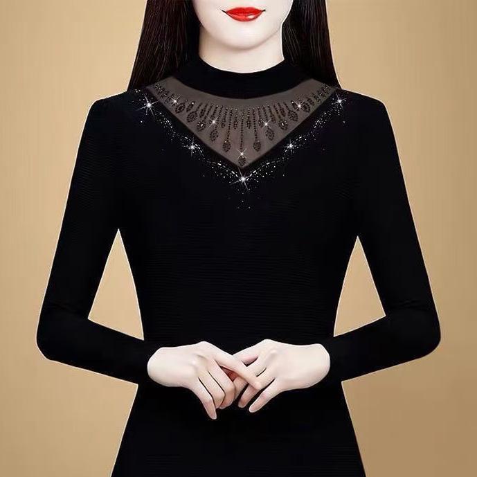 

Fall/Winter 2025 Rhinestone High Neck Base Layer Top - Stylish Plus Size, Age-Reducing for Women 4XL (150-165 lbs) чорний