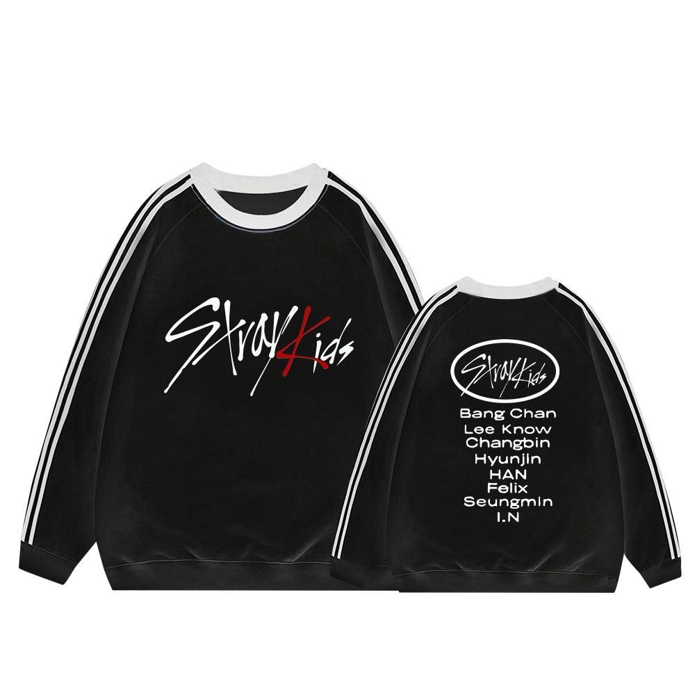 Stray Kids Fleece Lined Sweatshirt Striped Long Sleeve Crewneck Casual Pullover Kpop Fan Merchandise Winter Warm Oversized Grey Stylish Top