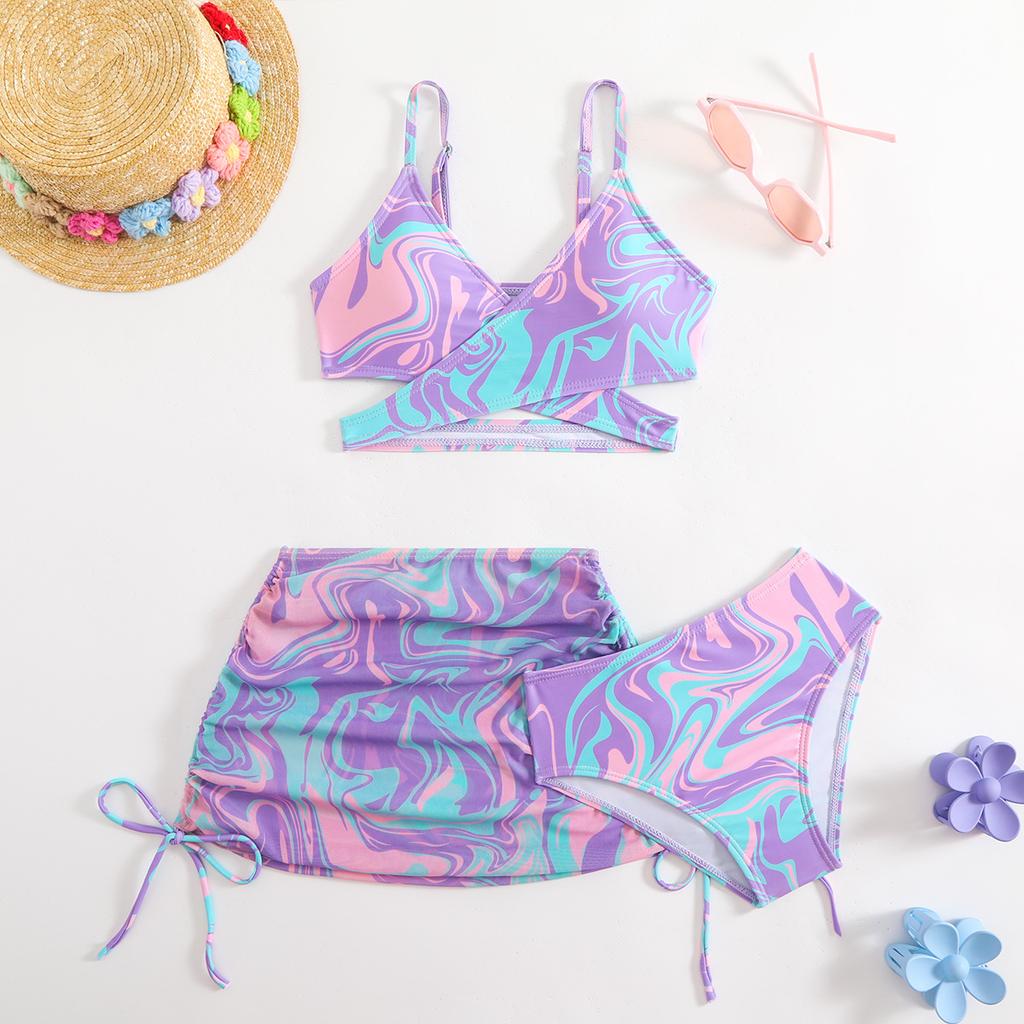 Costum de baie pentru copii costum de baie pentru femei cu fustă separată imprimeu tie-dye pentru copii de vârstă mijlocie și mai mari fete bikini costum de baie pentru copii set de trei piese