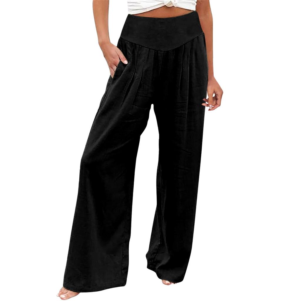Summer Cotton Linen Wide Leg Pants Women Loose Palazzo Pant Pocket Elastic Waist Casual Pants