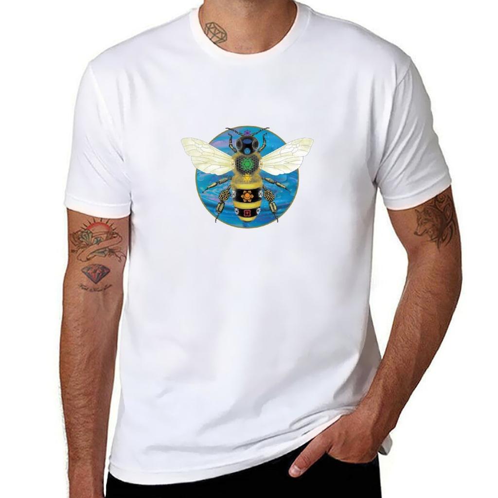 Chakra Gold Bee Blue On Black Tshirt Basic Solid Color Short Sleeve Cotton Top