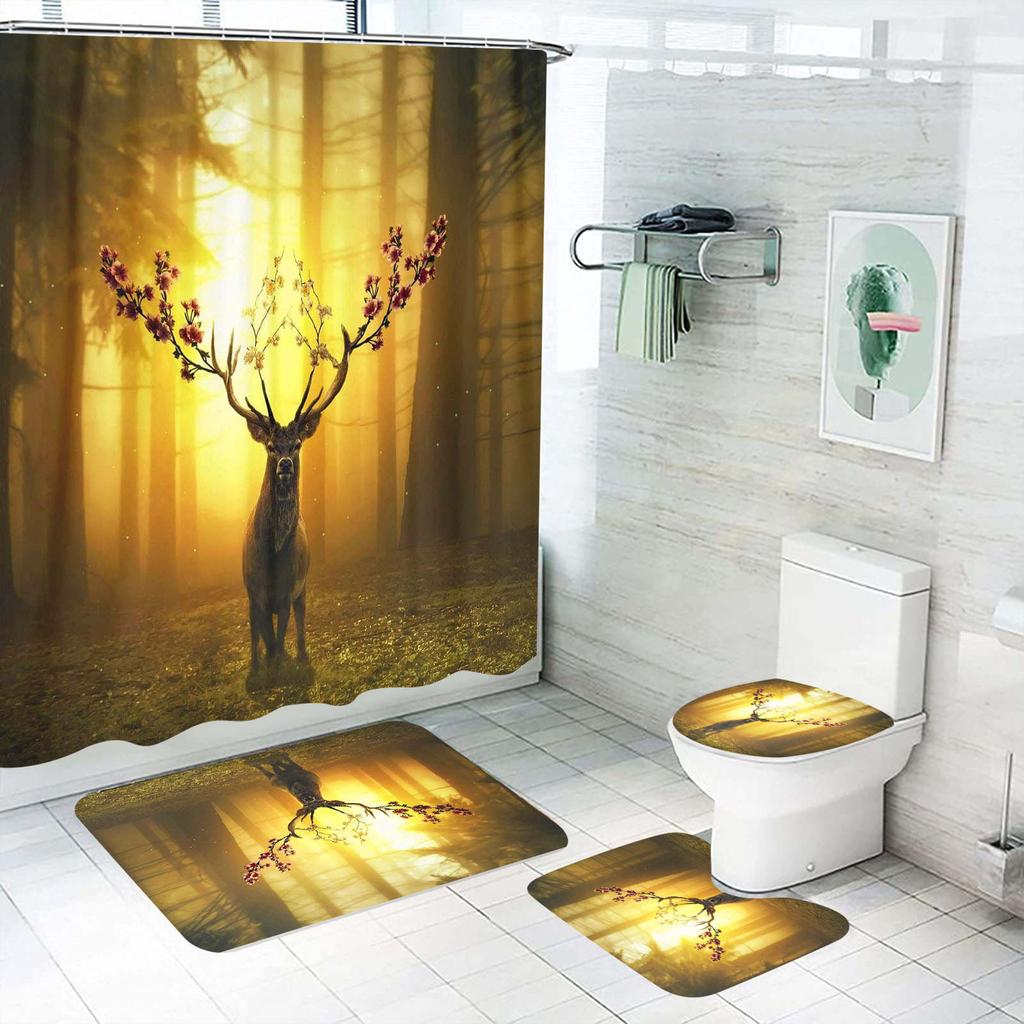 Cartoon Deer Animal Giraffe Shower Curtain Bath 4 Pcs Set Cute Luxury Accessories Sets Full Mats Gifts for Boys Girls