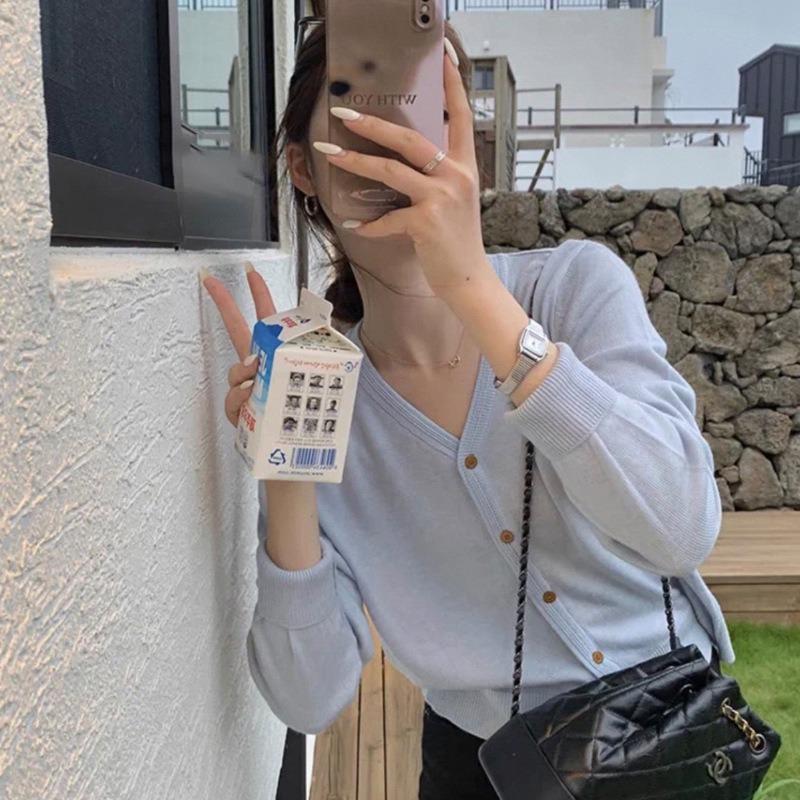 V-neck yellow long-sleeved knitted cardigan top, early autumn new lazy loose thin sweater jacket