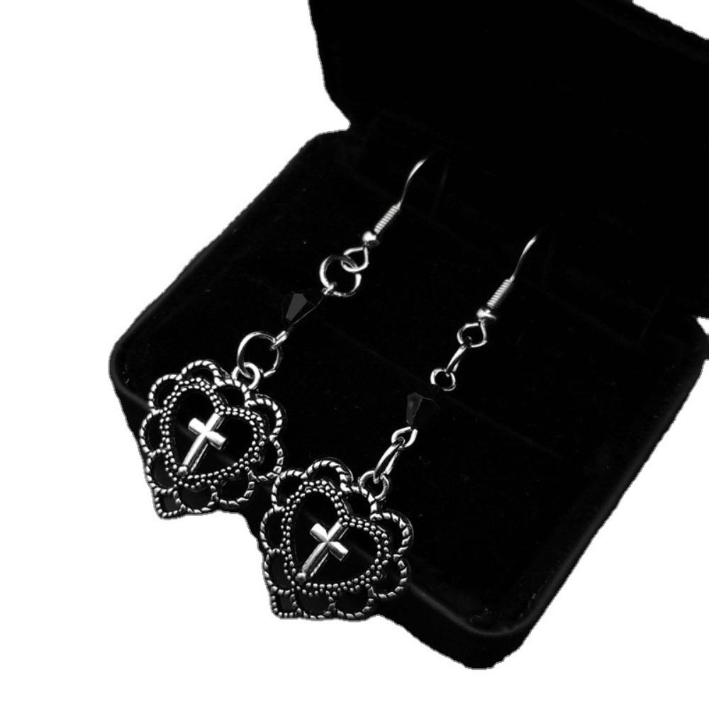 Gothic Punk Sliver Color Hollow Heart-shaped Lacework Cross Pendant Earrings for Women Hallowmas Party Jewelry Accessories Gifts