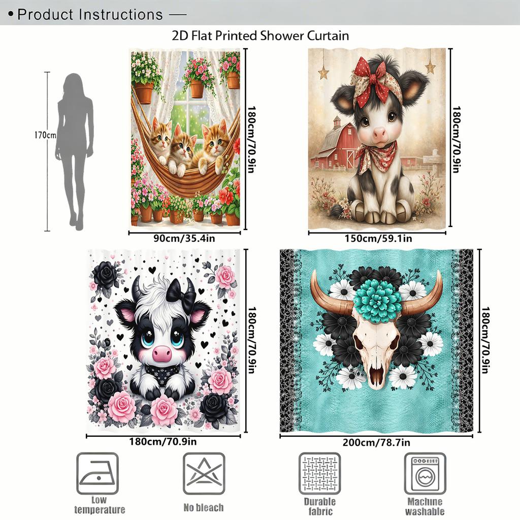 Cute Animal & Floral Printed Polyester Shower Curtain - Adorable Bathroom Decor With Lovely Cartoon & Western Style Designs
