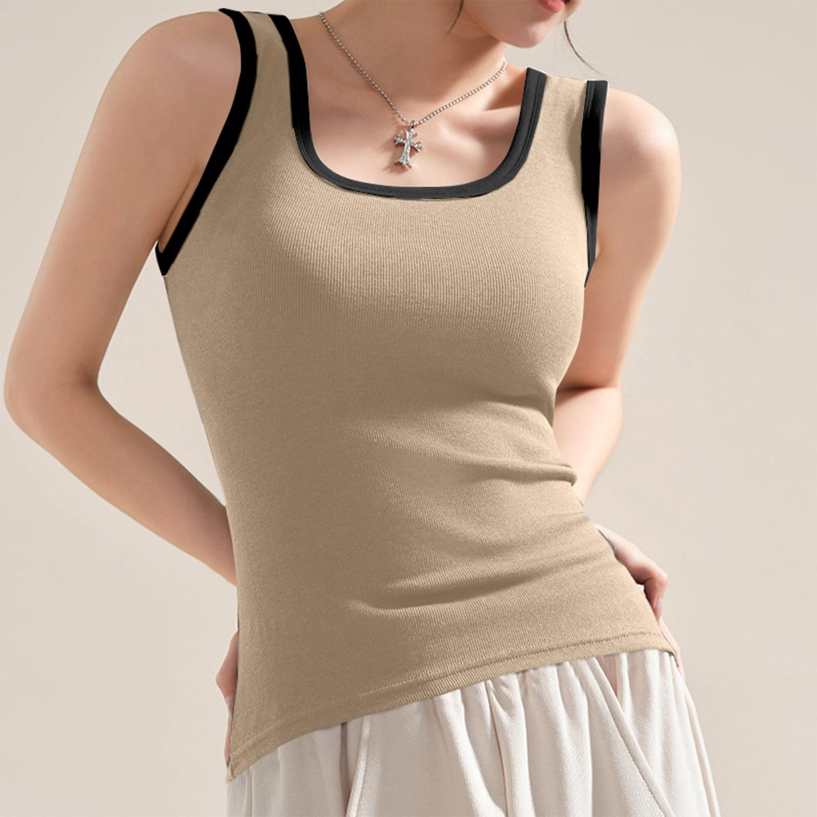 

Женская модная однотонная футболка с контрастной строчкой и жилетом L хаки