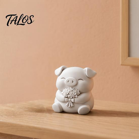 Talos Figurka Uroczej Świnki Drukowana 3D, Mała Statuetka z Bukietem Kwiatów, Kolekcjonerska Ozdoba Zwierzęca do Wystroju Domu Kuchni Biura