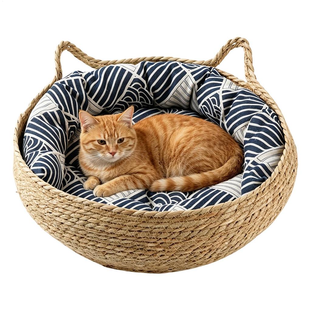 Woven Pet Cat Nest Bed Natural Breathable Portable Washable Nests Cat Ears Shape Pet Bed With Washable Cushion for Sleeping