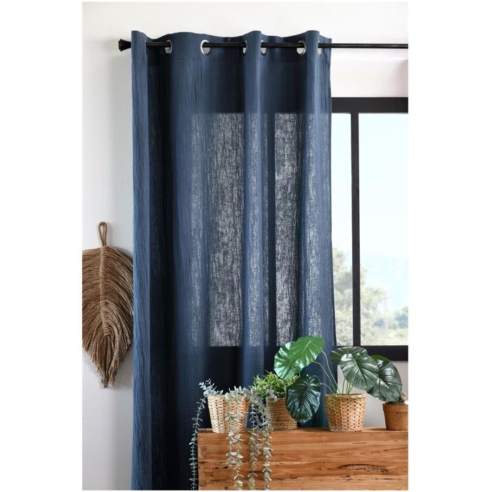 Rideau a Oeillets En Gaze De Coton 140 X 260 Cm Pop Color Bleu Marine