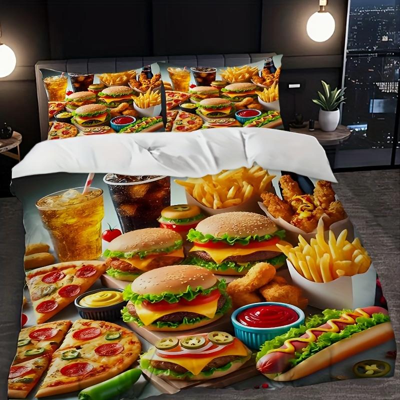 3-częściowy komplet pościeli z nadrukiem wzoru fast food z hamburgerem i kurczakiem smażonym, zawierający poszewkę na kołdrę i dwie poszewki na poduszki