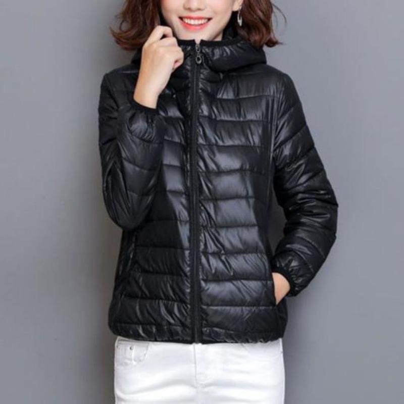 Women Fall Winter Coat Padded Hooded Thick Long Sleeve Warm Solid Color Smooth Slim Fit Zipper Closure Pockets Cardigan Lady Cotton Coat Jacket