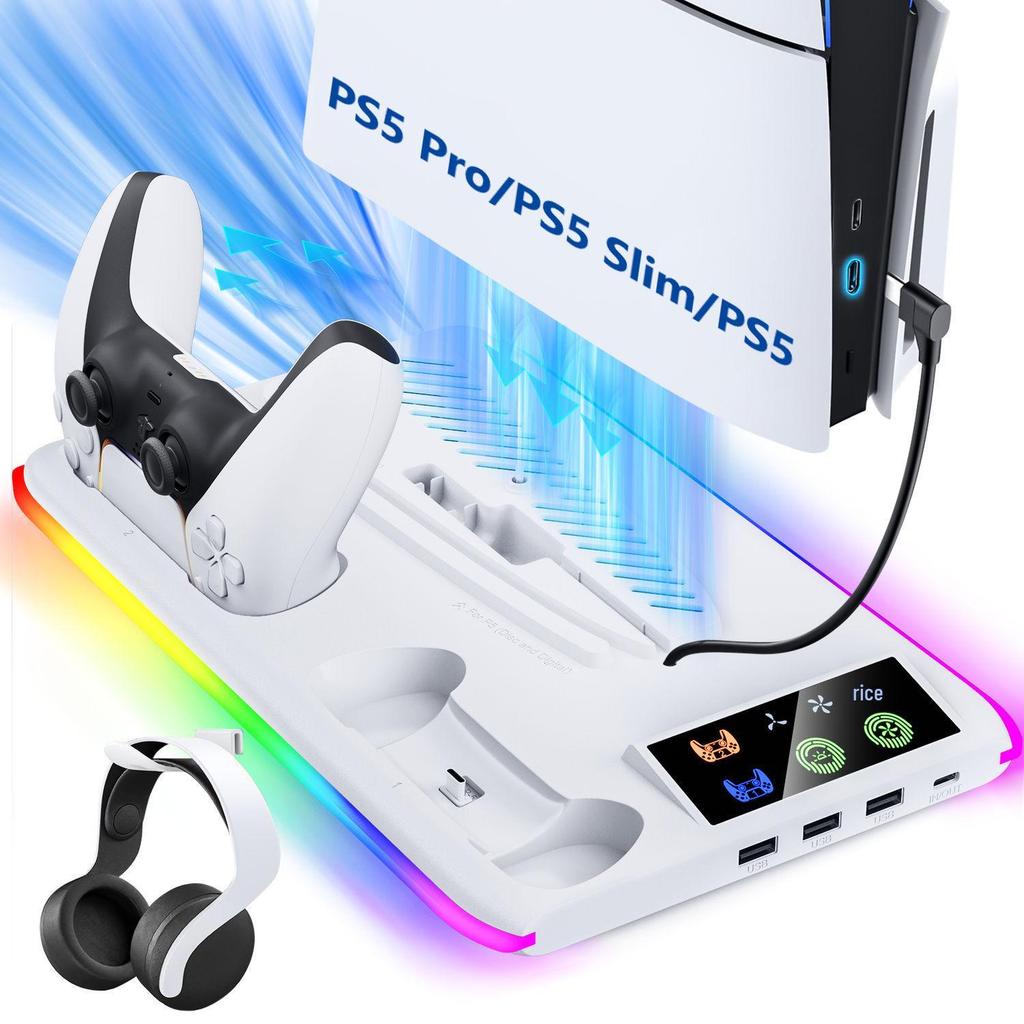 Base de refroidissement PS5/SLIM/PRO: Support Multifonctionnel avec Ventilateur, Chargeur Double Manette et Lumières RVB