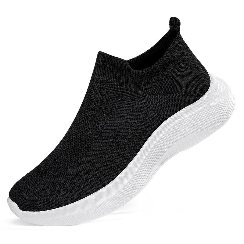 New All-black Women's Shoes Mesh Breathable Fly-woven Socks Shoes Non-slip Soft-soled Walking Casual Sports Shoes Men