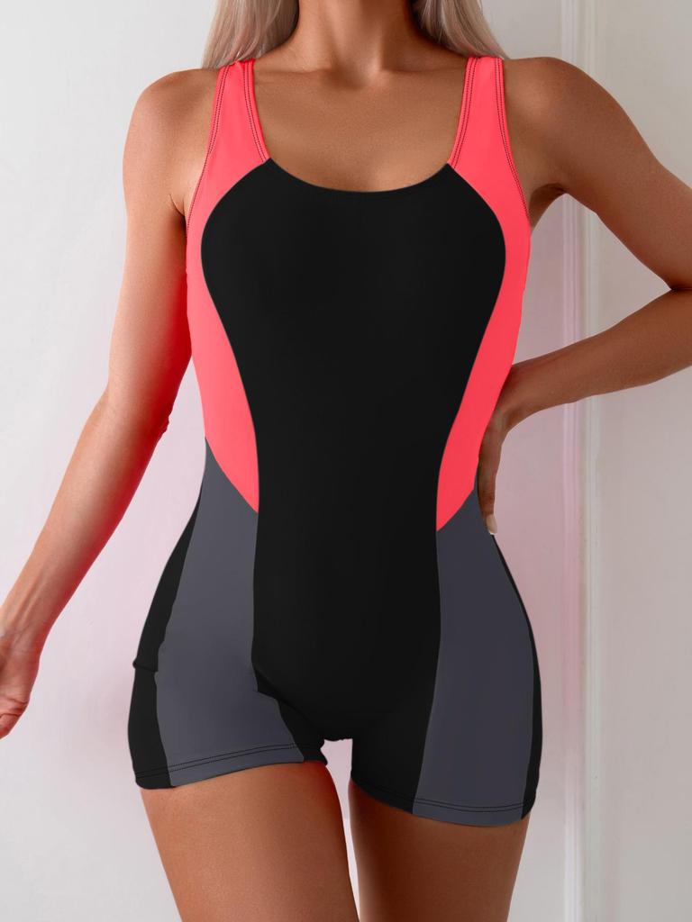 2024 Tri-Color Contrast One-Piece Competitive Swimsuit Shorts - Euro-American Style