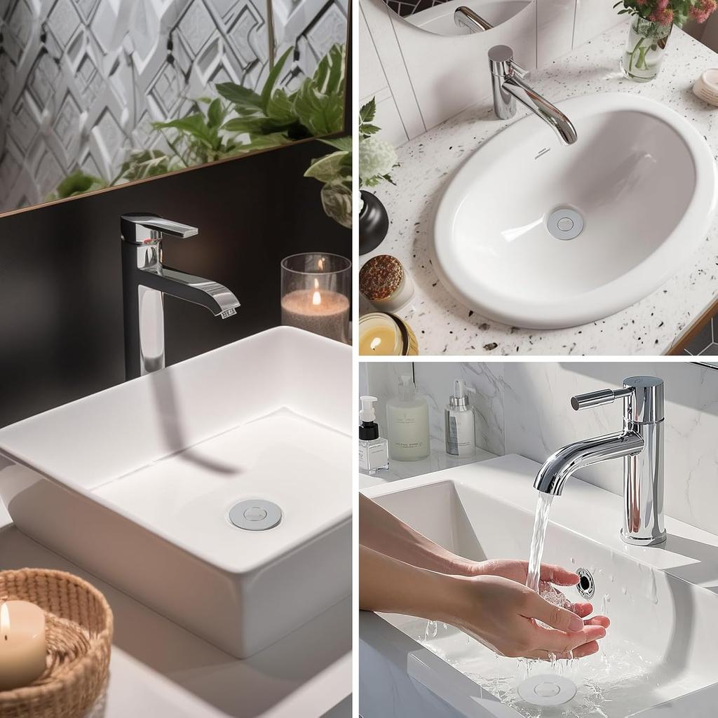 Upgraded 3 in 1 Bathroom Sink Drain Strainer, Universal Pop Up Stopper with Stainless Steel Hair Catcher Filter, Brass Core Chrome for 1.1''-2.36'' Ba