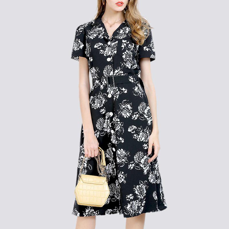 

Европейский/Американский большой размер Весенне-летнее А-силуэтное платье Деловая одежда Black Flower 4XL