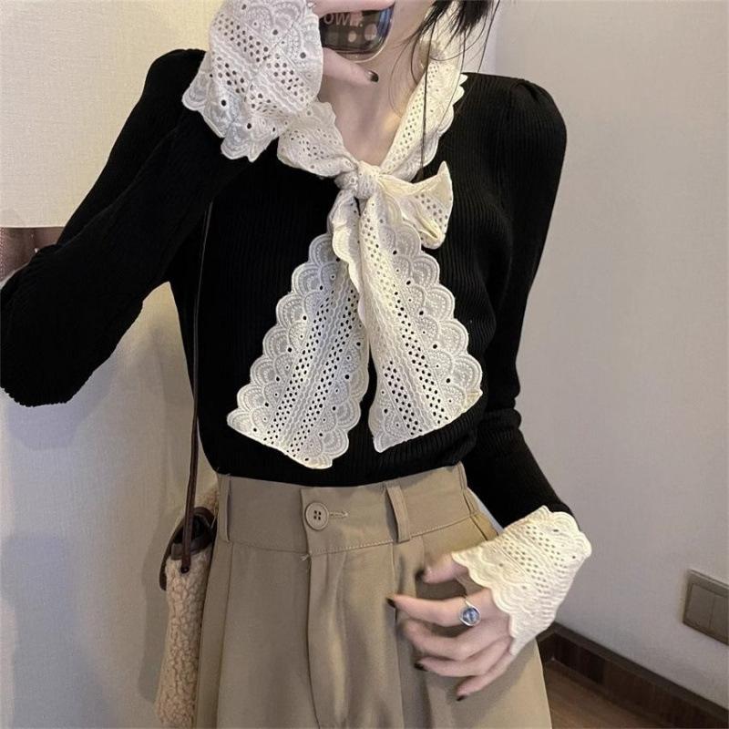 French Ribbed Design Autumn Winter Slimming Lace Trim Base Shirt