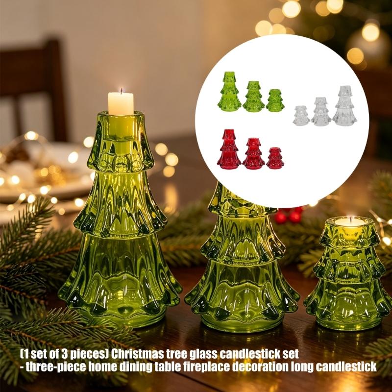Holiday Glass Candlestick Set, 3-Piece Table Display Accent for Shelf Display, Dining Tables, Indoor Use, and Shelf Accent
