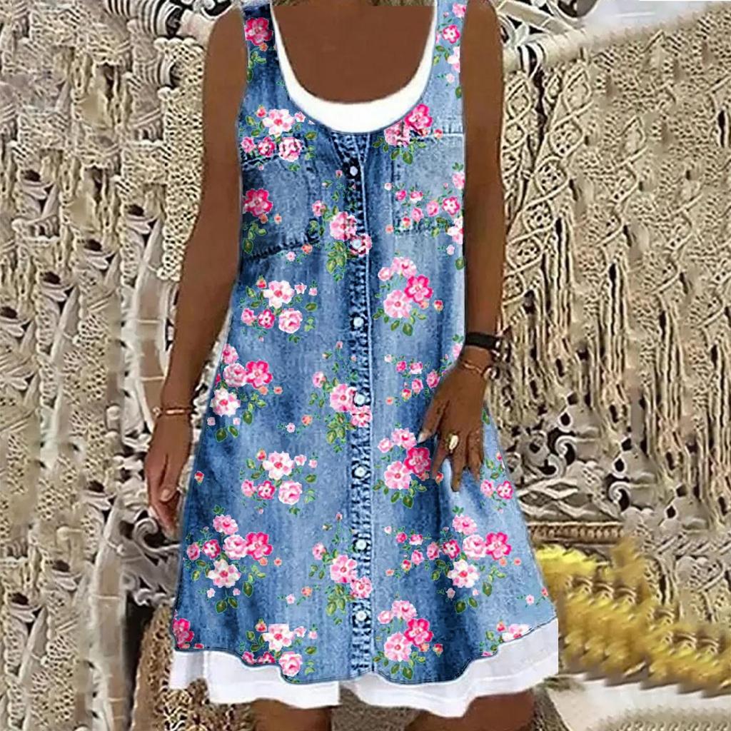 Summer Beach Floral Printed Cute Dress O Neck Sleeveless Casual Loose Mini Dress Womens Vacation Holiday Short Dress Vestidos