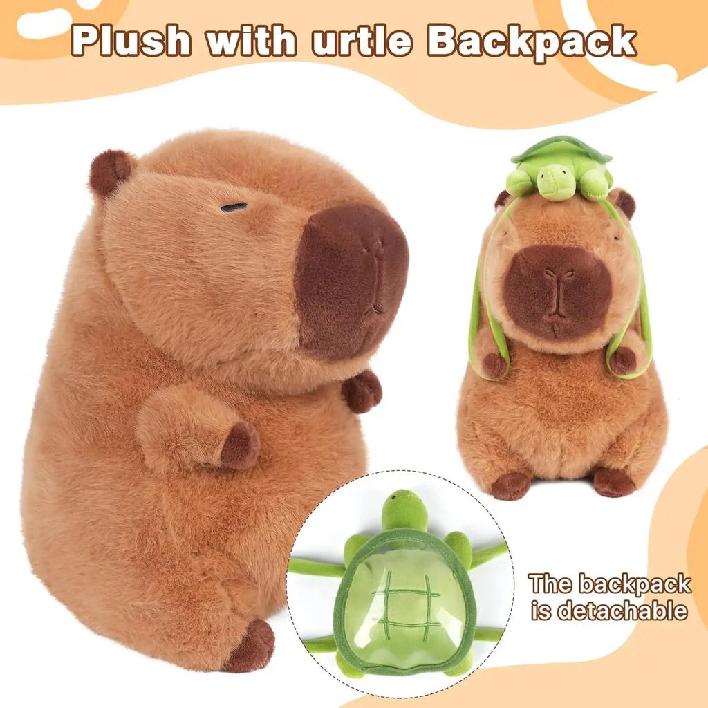 Pet Cute Capybara Plush with Turtle Backpack Kawaii Capibara Stuffed Aniamls Toys Keychain Bag Charms Gifts for Kids Brown