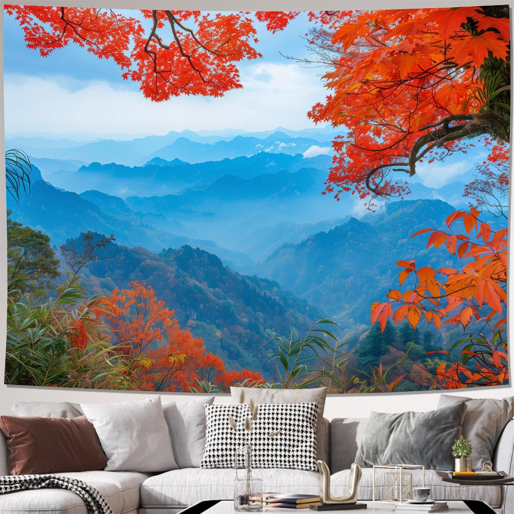 Majestic Autumn Mountain Landscape Tapestry Wall Hanging Red Maple Leaves Nature Decor Large Print Art