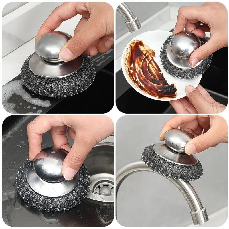1pcs Kitchen Stainless Steel Pot Brush with Handles Dishwashing Wire Ball Heavy Duty Metal Scrubber Home Pot Pan Cleaning Tool