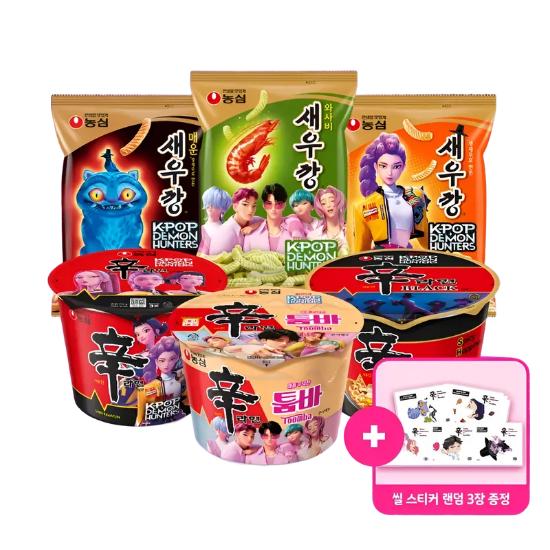 K-Pop Demon Hunters Seal Stickers (Random 3pcs Included) Shrimp Snack + Shin Ramyun Set