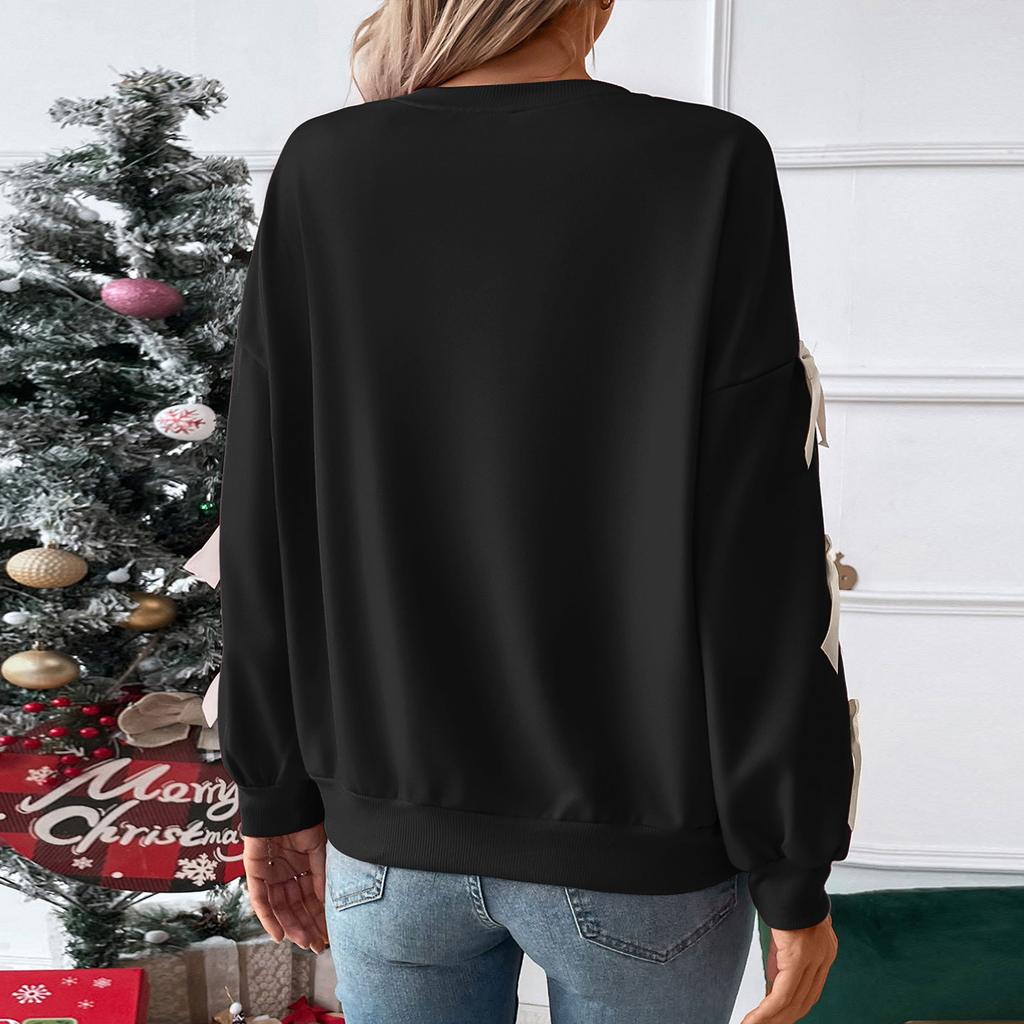 Pulover de Crăciun roșu pentru femei, modă, casual, stil dulce, larg, cu gât rotund și fundă