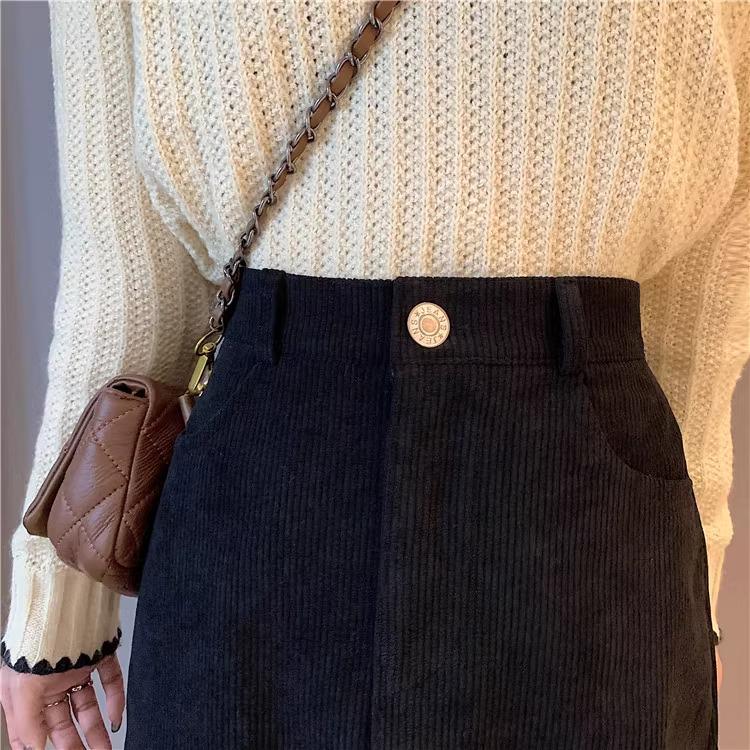 2024 Autumn/Winter Women's Corduroy High Waist Bodycon A-line Midi Skirt, Slimming and Petite Fit