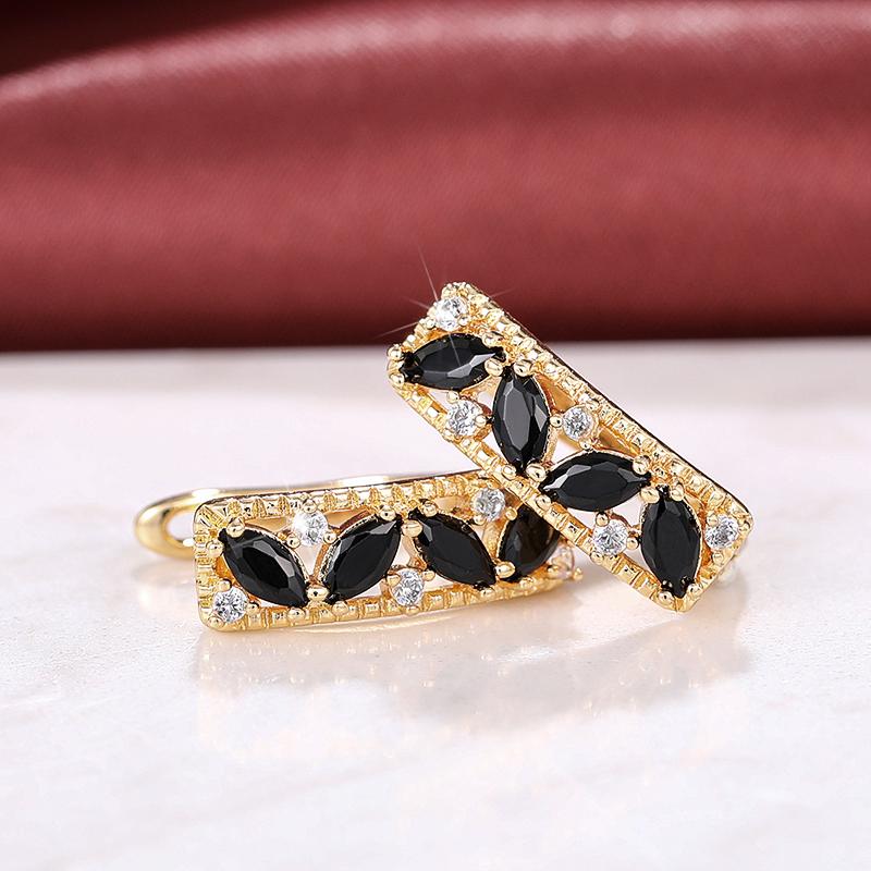Huitan Gorgeous Marquise Black CZ Gold Color Hoop Earrings for Women New Fashion Female Ear Accessories Wedding Party Jewelry