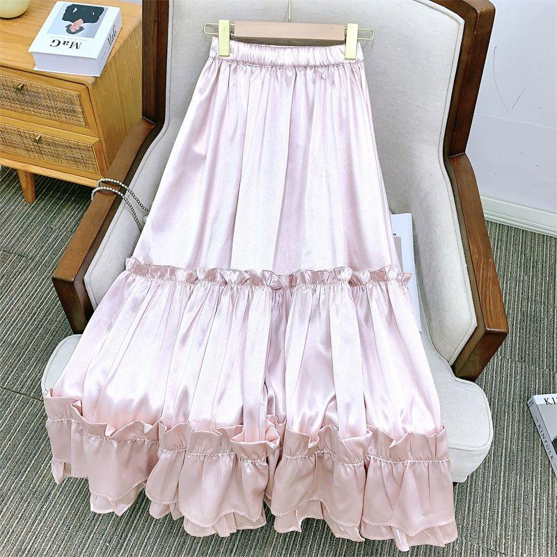 Solid Color Temperament Ruffled Satin Skirt Pure Color Ruffles Skirt