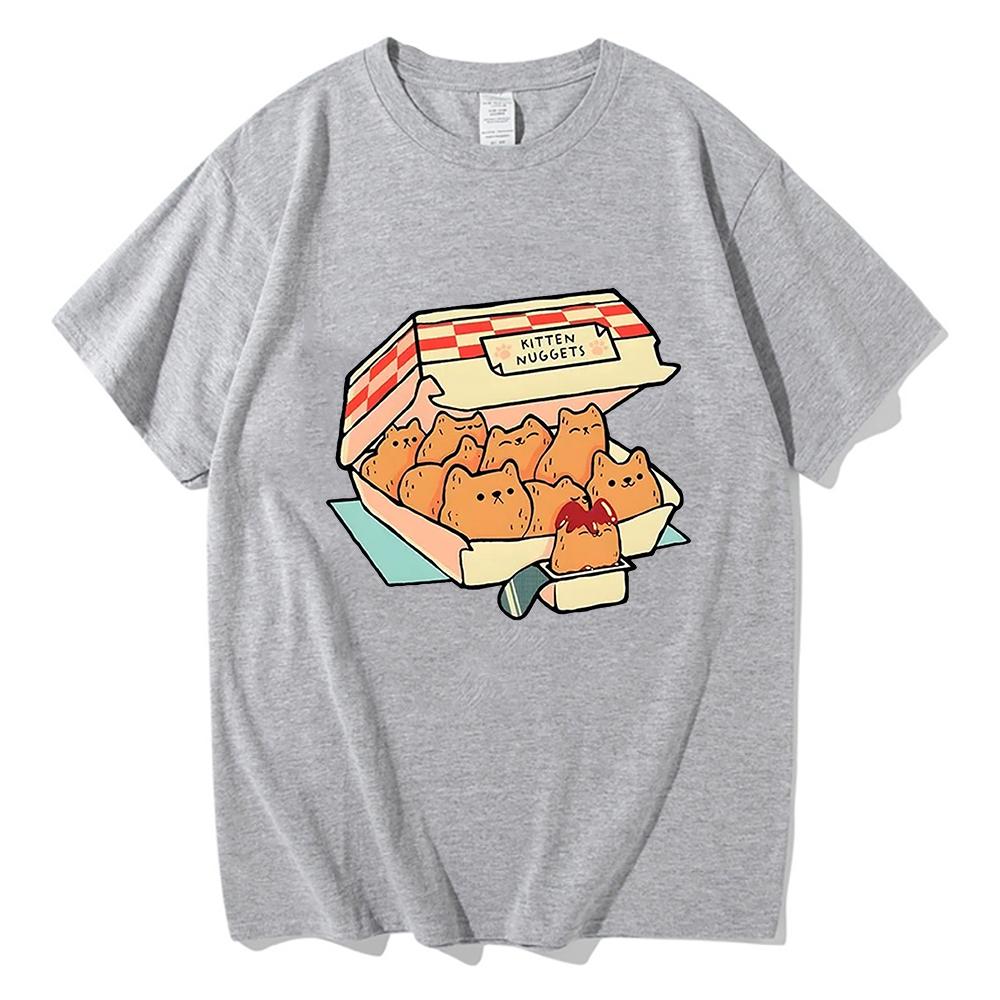Kocięce Nuggets Radosne Koszulki Damskie Kawaii/urocze Koszulki High Street 100% Bawełna T-shirty Kocie Ciastka Sos do Maczania Krótki Rękaw