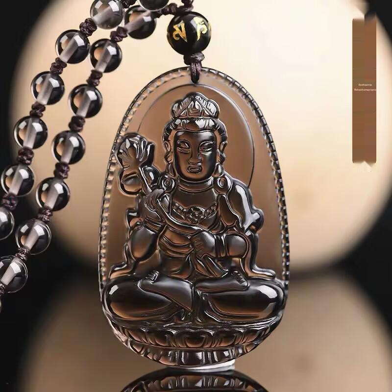 Obsidian Zodiac Pendant Necklace Featuring Akasagarbha, Samantabhadra, and Manjushri Bodhisattvas for the Twelve Zodiac Signs