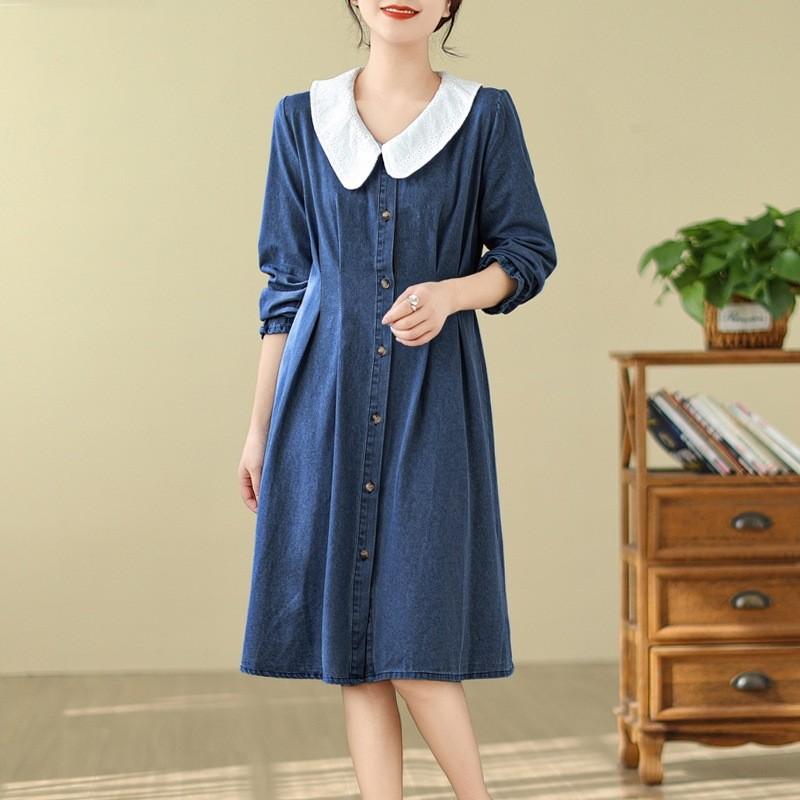 2025 Spring and Autumn New Lace Splicing Long-sleeved Denim Shirt Skirt Women's Loose and Thin Big Lapel Dress