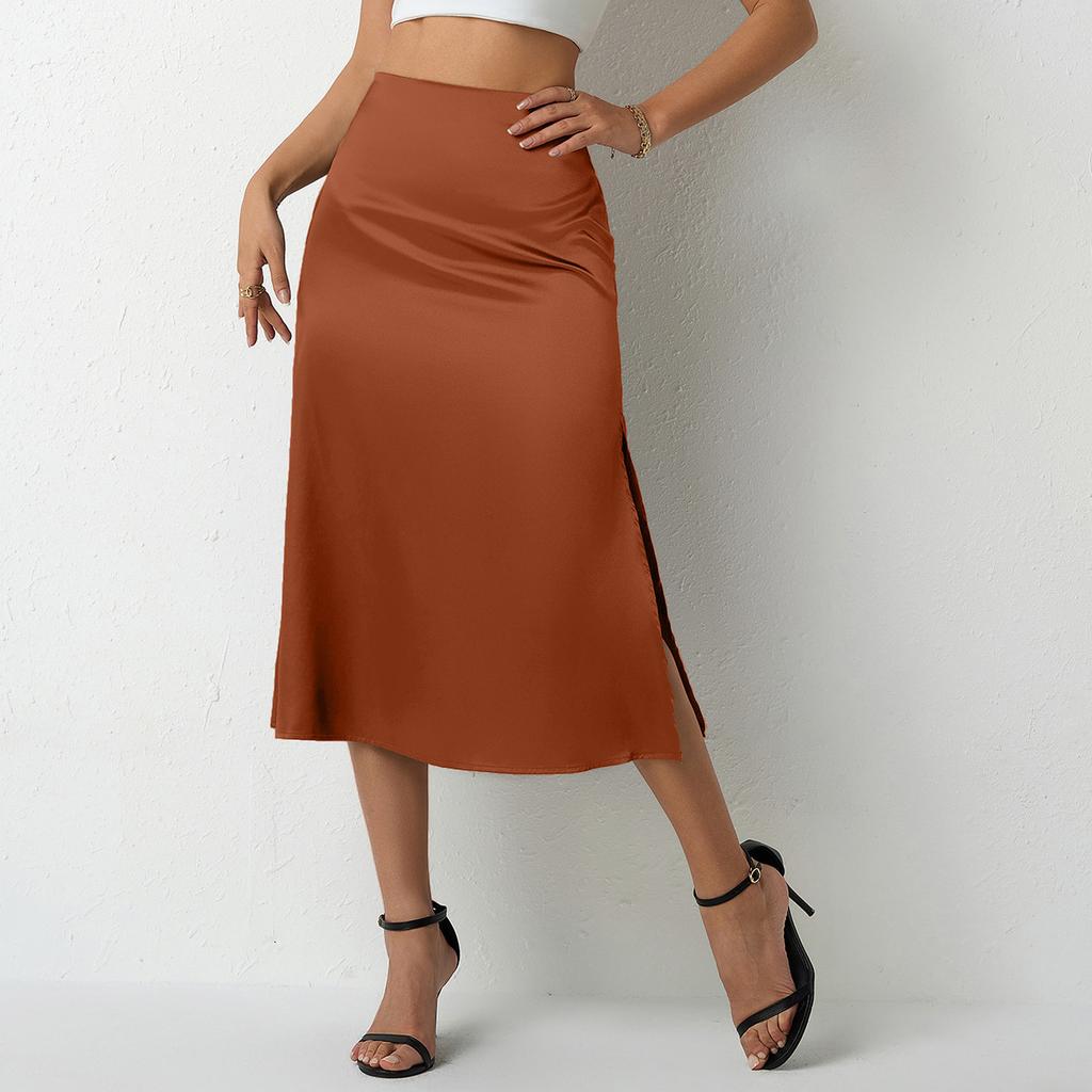 Women's Satin Half Skirt Summer Vent Professional A-line Skirt High Waisted Skirts