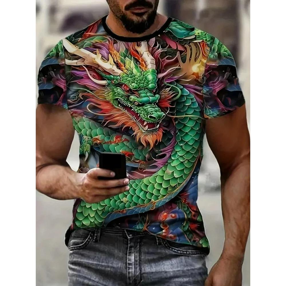 Men's T-shirt Dragon Print T-Shirt Stylish Streetwear Crew Neck T-shirt Outdoor Casual Plus Size Tees Top Women Clothing