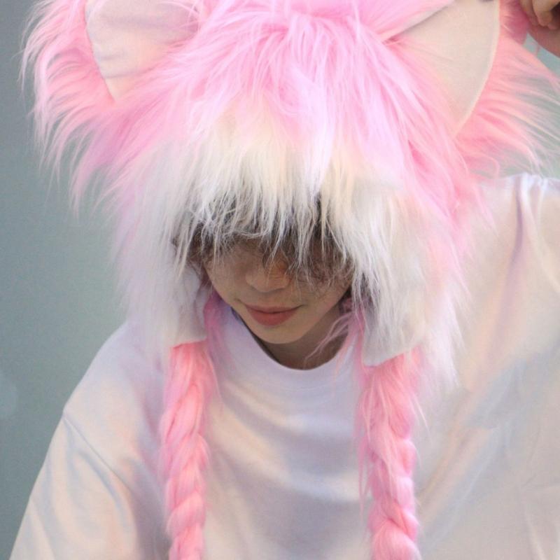 Soft Furry Animal Ear Hat with Braids for for Women and Girls Cartoon Earflap Hat Cosplay Winter Party and Themed Event