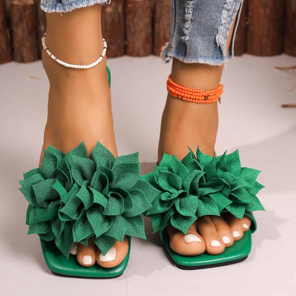 Solid Color Flower Square Headed Flat Bottomed Sandals for Women's Summer New Fashionable Casual Beach Sandals