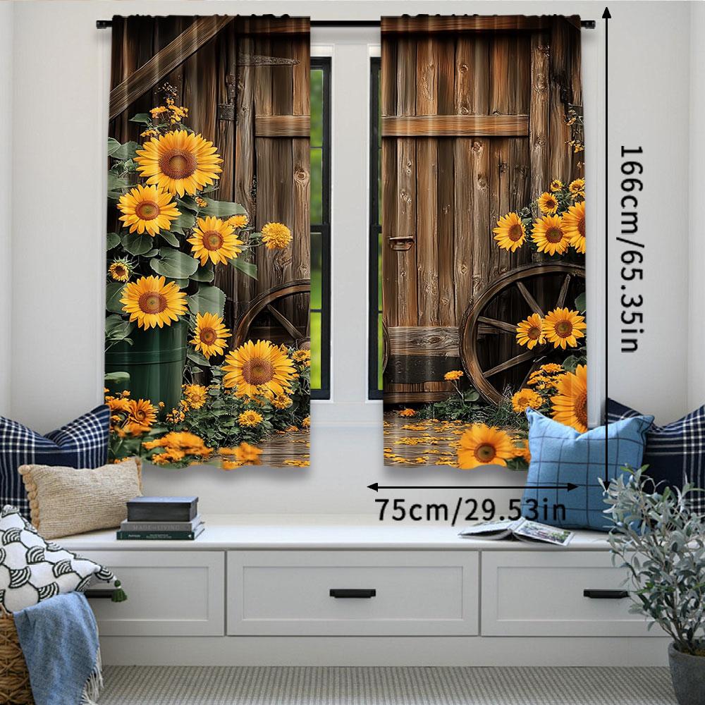 Set aus 2 Vintage-Sonnenblumenmuster-Vorhängen Holzhausrad Geeignet für Wohnzimmer Schlafzimmer Bauernhaus-Vorhang Polyester Ideal für Groß