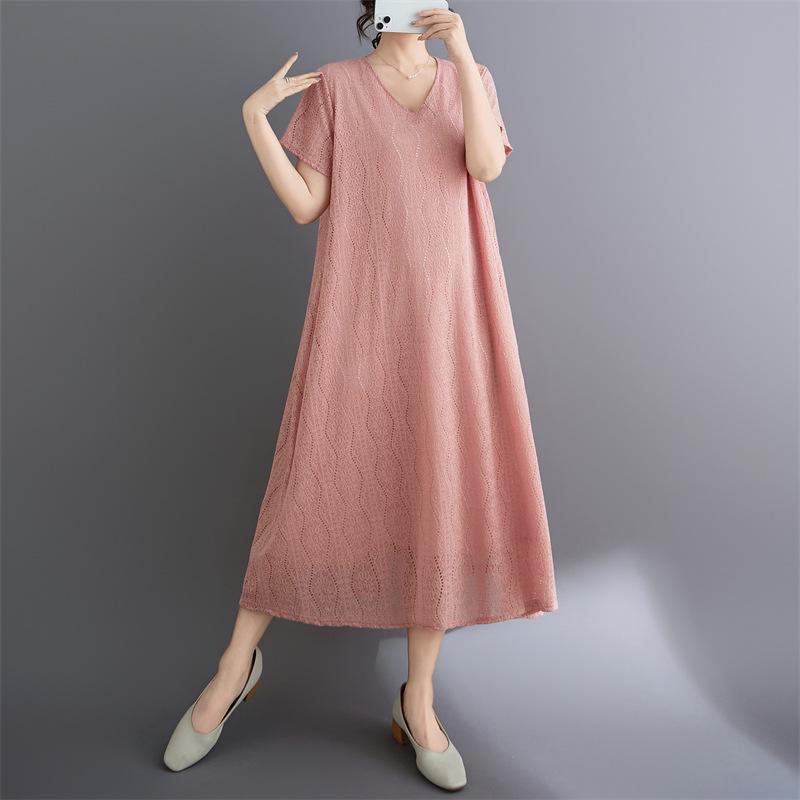 2026 Korean Style V-Neck Plus Size Lace Travel Resort Dress for Women M розовый