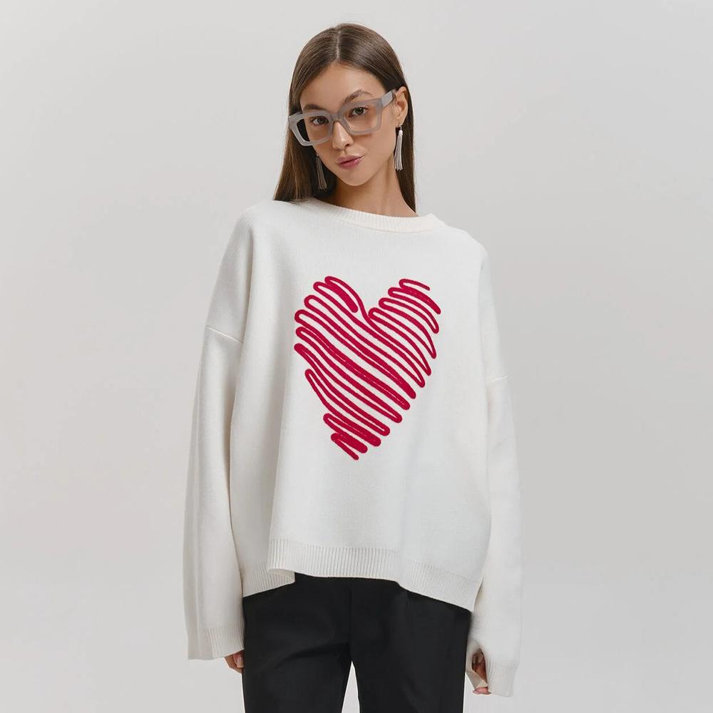 Red Love Sweater Autumn Lines Heart Sweater Round Collar Pullover Sweater Slimming Blend Office Comfortable Versatile Undercoat Long Sleeves Sweater