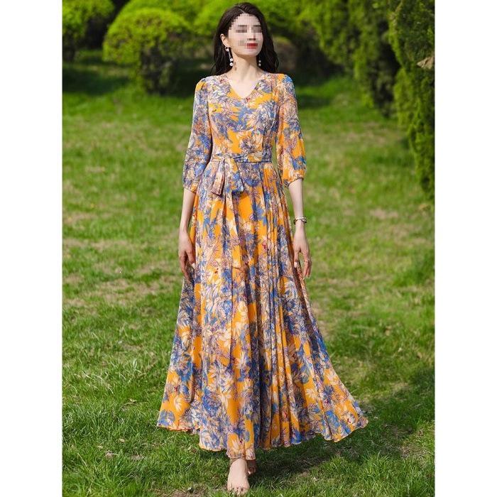 

Elegant Waist-Cinching Holiday Dress, Slimming Long Skirt, New Summer Arrival, Perfect for Mom s Beach Outing 2XL жёлтый