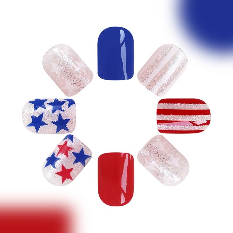 Unghia Autoadesiva Quadrata per il 4 Luglio French Tip Unghia Finta Unghia Falsa per l'Indipendenza con Bandiera Americana Stella Unghia da Incollare