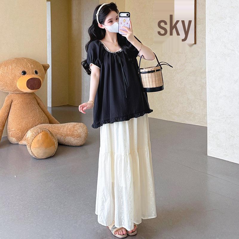 2026 Summer Korean Sweet Lace Collar Maternity Shirt & Skirt Set XL
