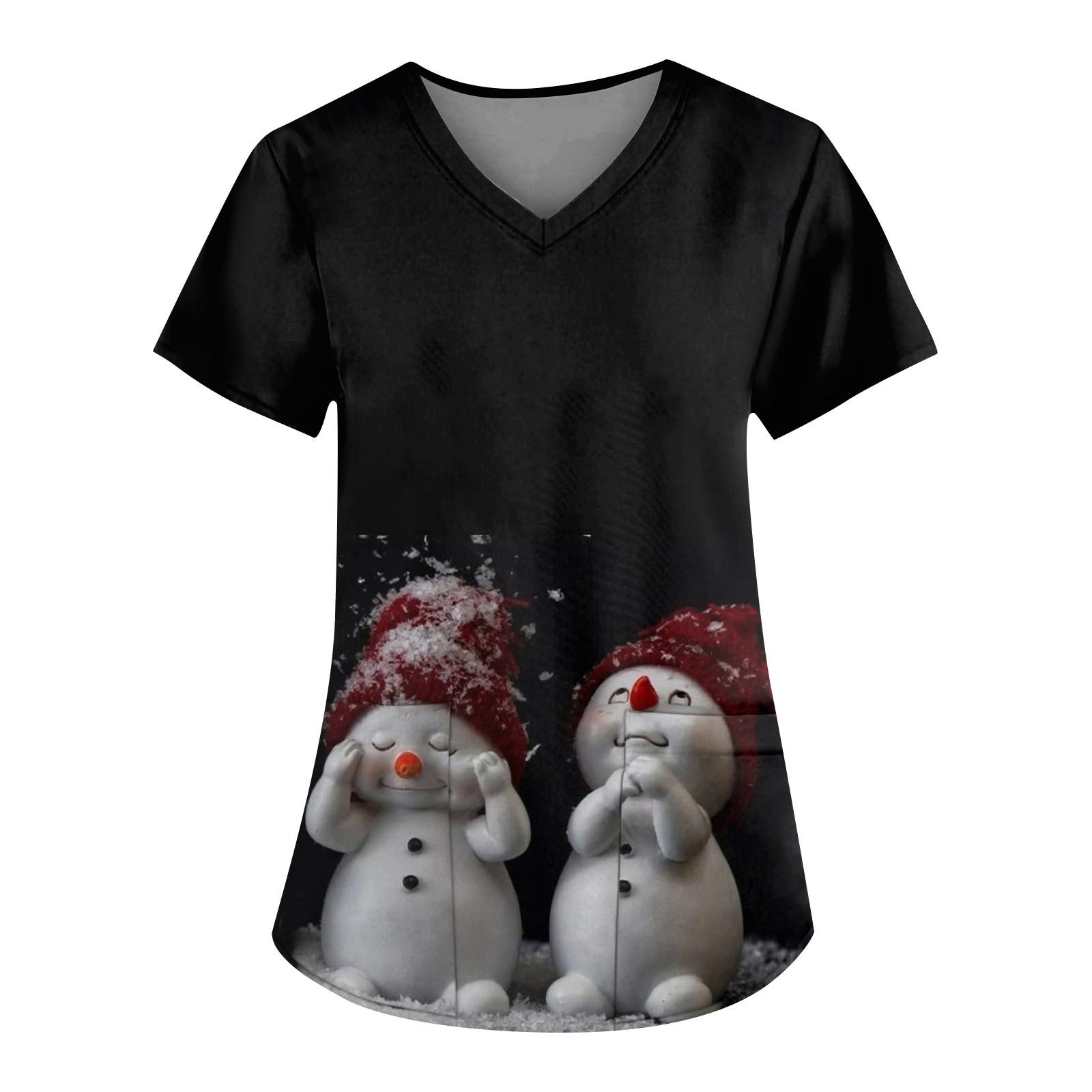 

Женская мода с v-образным вырезом, короткими рукавами и карманами, топы с рождественским принтом XXL чёрный