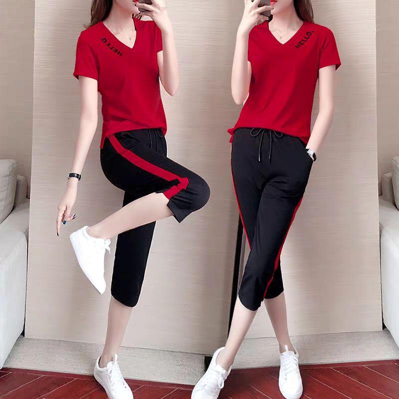 

Women s Cotton Blend Casual Sportswear Set, 2025 Summer: Korean Fashion Short Sleeve & Seven-Point Pants, Two-Piece Outfit 3XL for 135-150 jin
