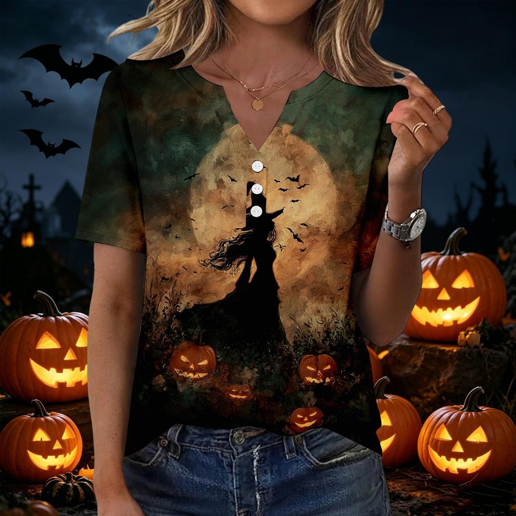 Women's Casual Halloween Print V Neck Short Sleeve Button Front T Shirt Top Lightweight Comfortable Fit for Everyday Wear