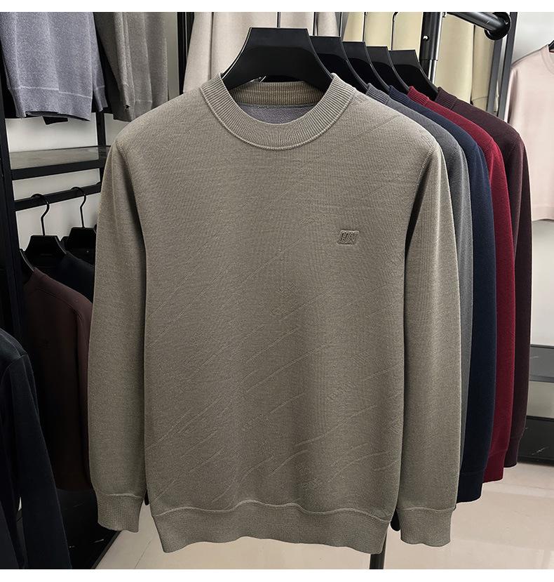 Men's Wool Knit Sweater with Fleece Lining - Thickened, Round Neck, Loose Casual Style, Warm Layer